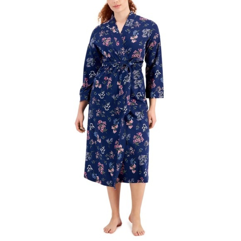 Charter Club Women's‎ Brushed Knit Cotton Robe - Blue Floral - Size Medium